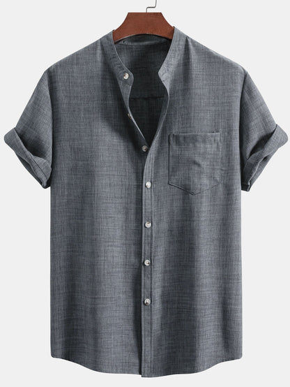 Short Sleeve Stand Collar Top with Straight-Leg Linen Trousers