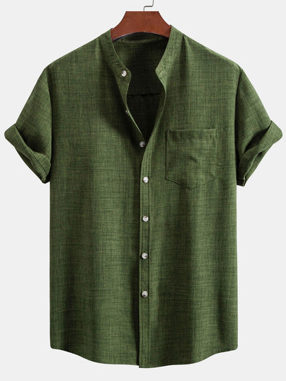 Short Sleeve Stand Collar Top with Straight-Leg Linen Trousers
