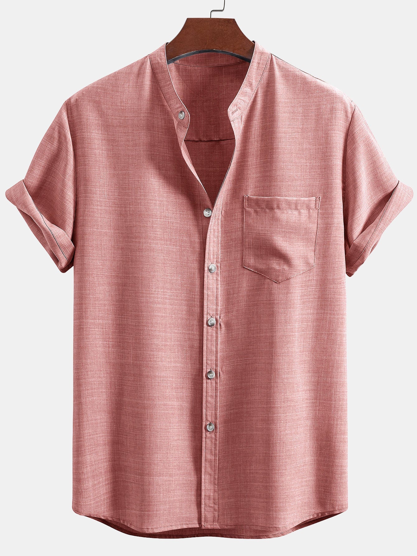 Short Sleeve Stand Collar Top & Straight Leg Linen Trousers