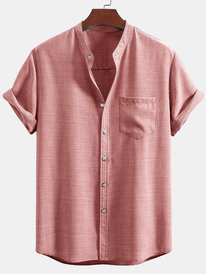 Short Sleeve Stand Collar Top & Straight Leg Linen Trousers