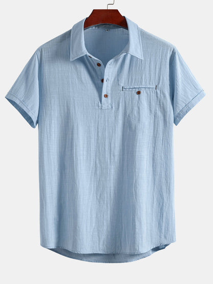 Short Sleeve Polo Shirt with Linen Look and Collar