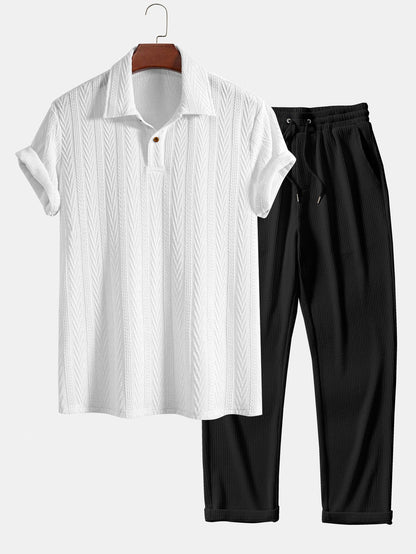 Short Sleeve Jacquard Polo with Straight Leg Ribbed Trousers
