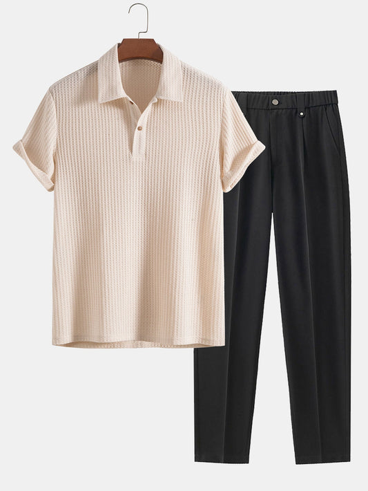 Knitted Waffle Polo and Slim Fit Cropped Tapered Trousers