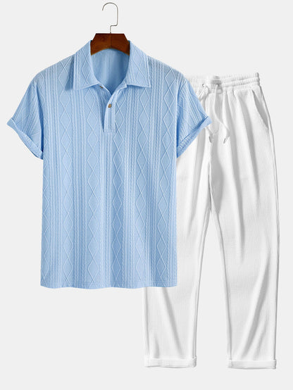 Geometric Rhombus Jacquard Knit Polo with Straight Leg Ribbed Trousers