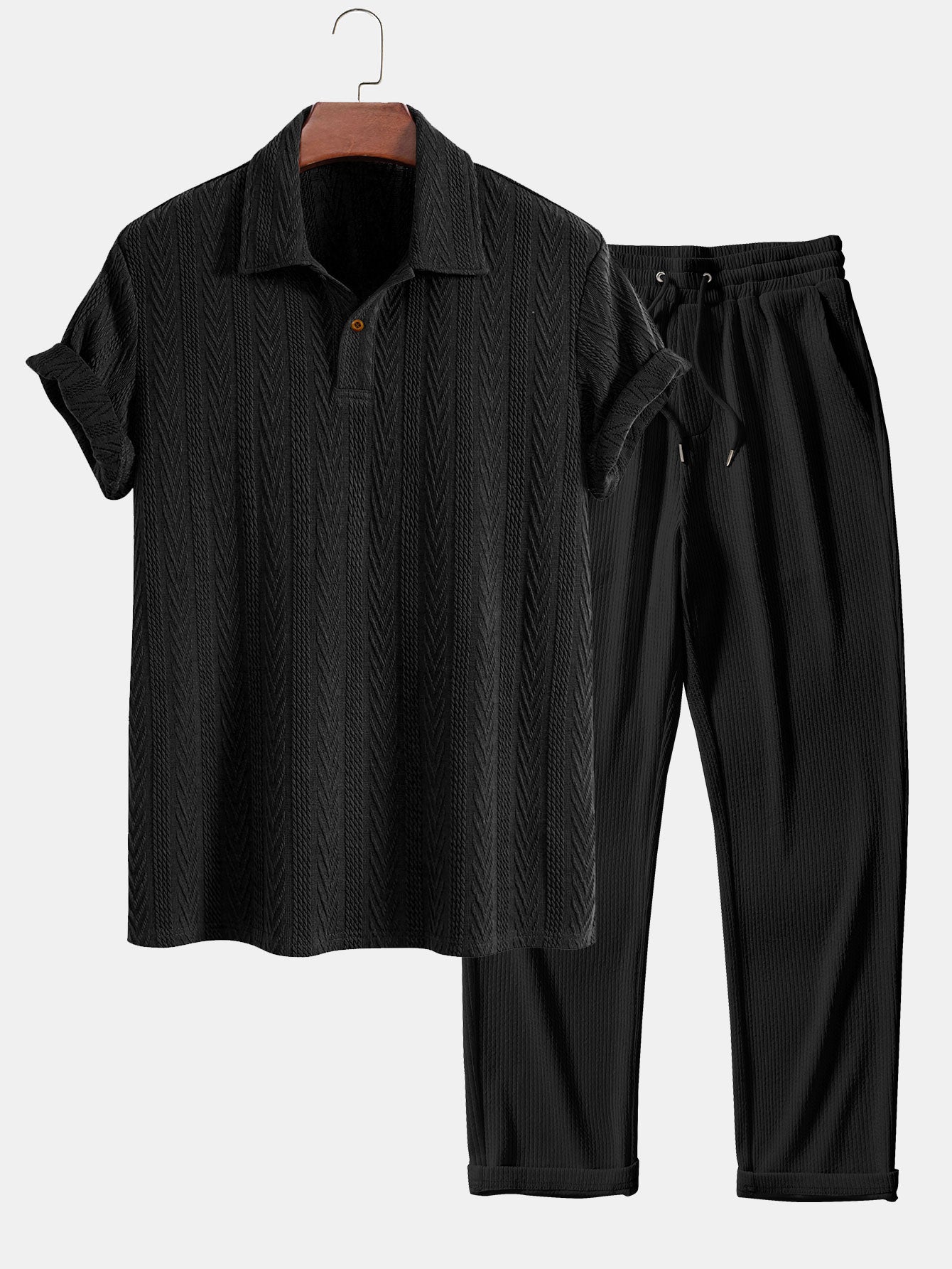 Short Sleeve Jacquard Polo with Straight Leg Ribbed Trousers