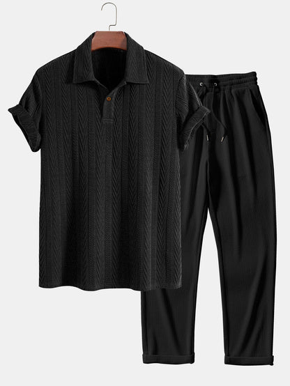 Short Sleeve Jacquard Polo with Straight Leg Ribbed Trousers