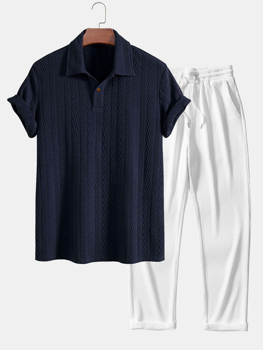 Short Sleeve Jacquard Polo with Straight Leg Ribbed Trousers
