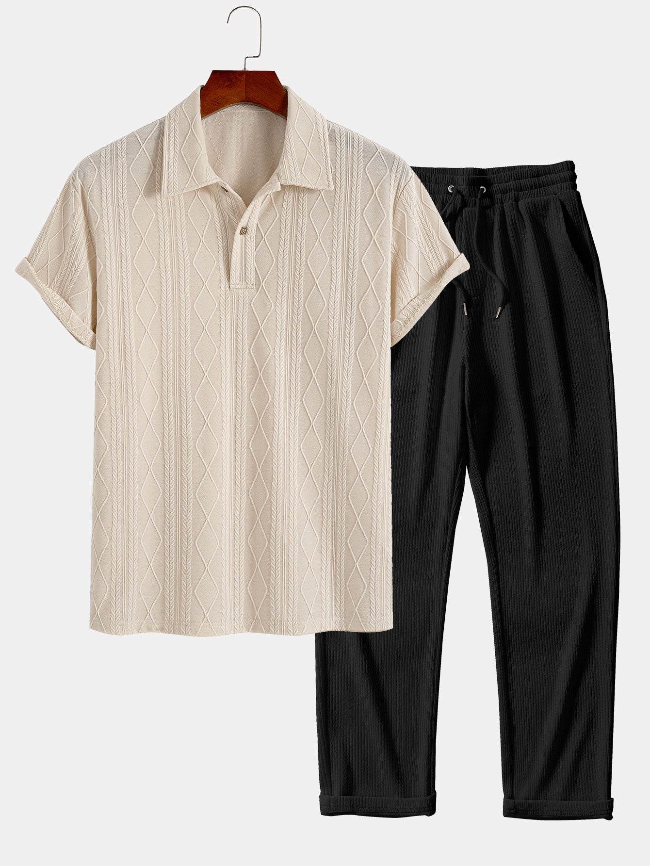 Geometric Rhombus Jacquard Knit Polo with Straight Leg Ribbed Trousers