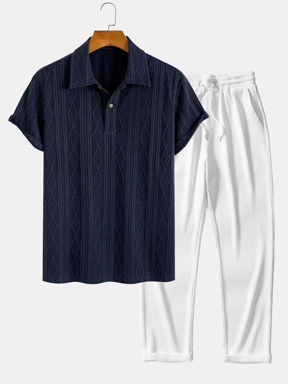 Geometric Rhombus Jacquard Knit Polo with Straight Leg Ribbed Trousers
