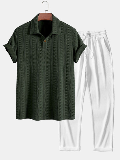 Short Sleeve Jacquard Polo with Straight Leg Ribbed Trousers