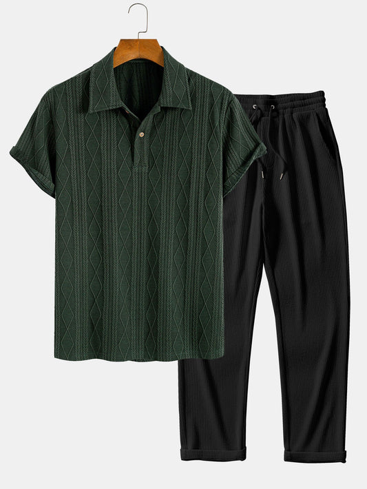 Geometric Rhombus Jacquard Knit Polo with Straight Leg Ribbed Trousers