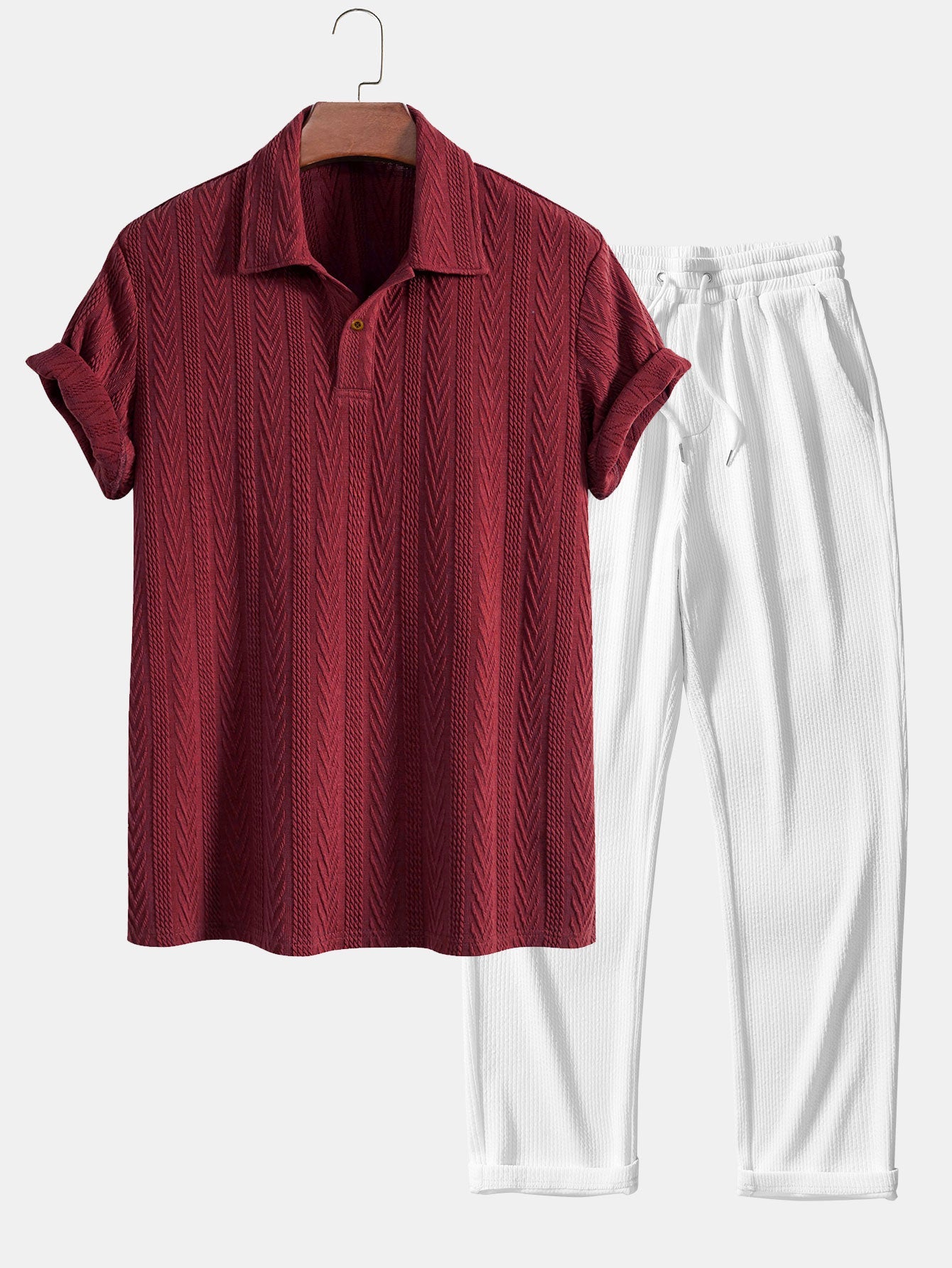 Short Sleeve Jacquard Polo with Straight Leg Ribbed Trousers