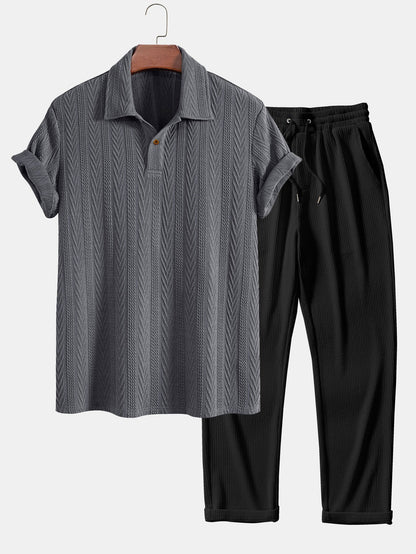 Short Sleeve Jacquard Polo with Straight Leg Ribbed Trousers
