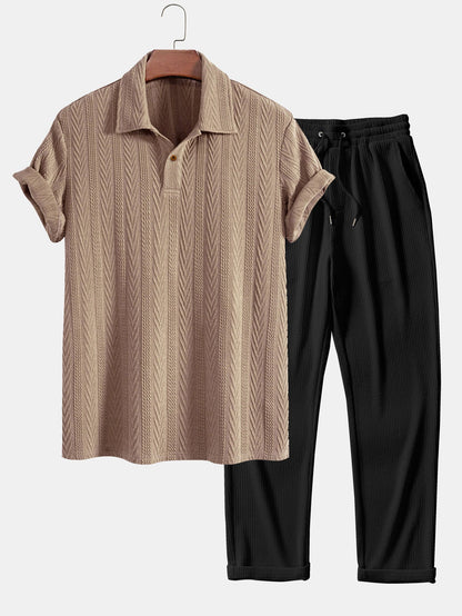 Short Sleeve Jacquard Polo with Straight Leg Ribbed Trousers