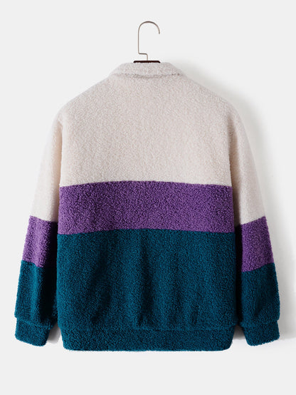 Color-Blocked Teddy Fleece Zip-Up Jacket