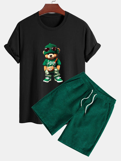 Trendy Bear Print Cotton T-Shirt with Regular Fit & Drawstring Corduroy Shorts