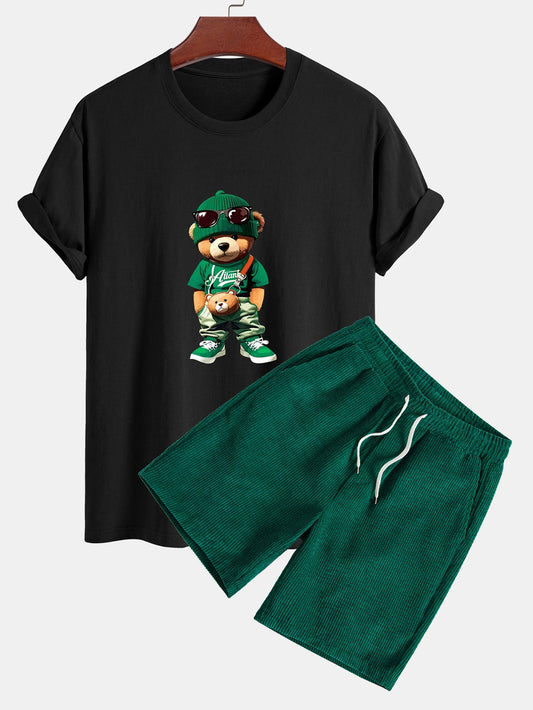 Trendy Bear Print Cotton T-Shirt with Regular Fit & Drawstring Corduroy Shorts