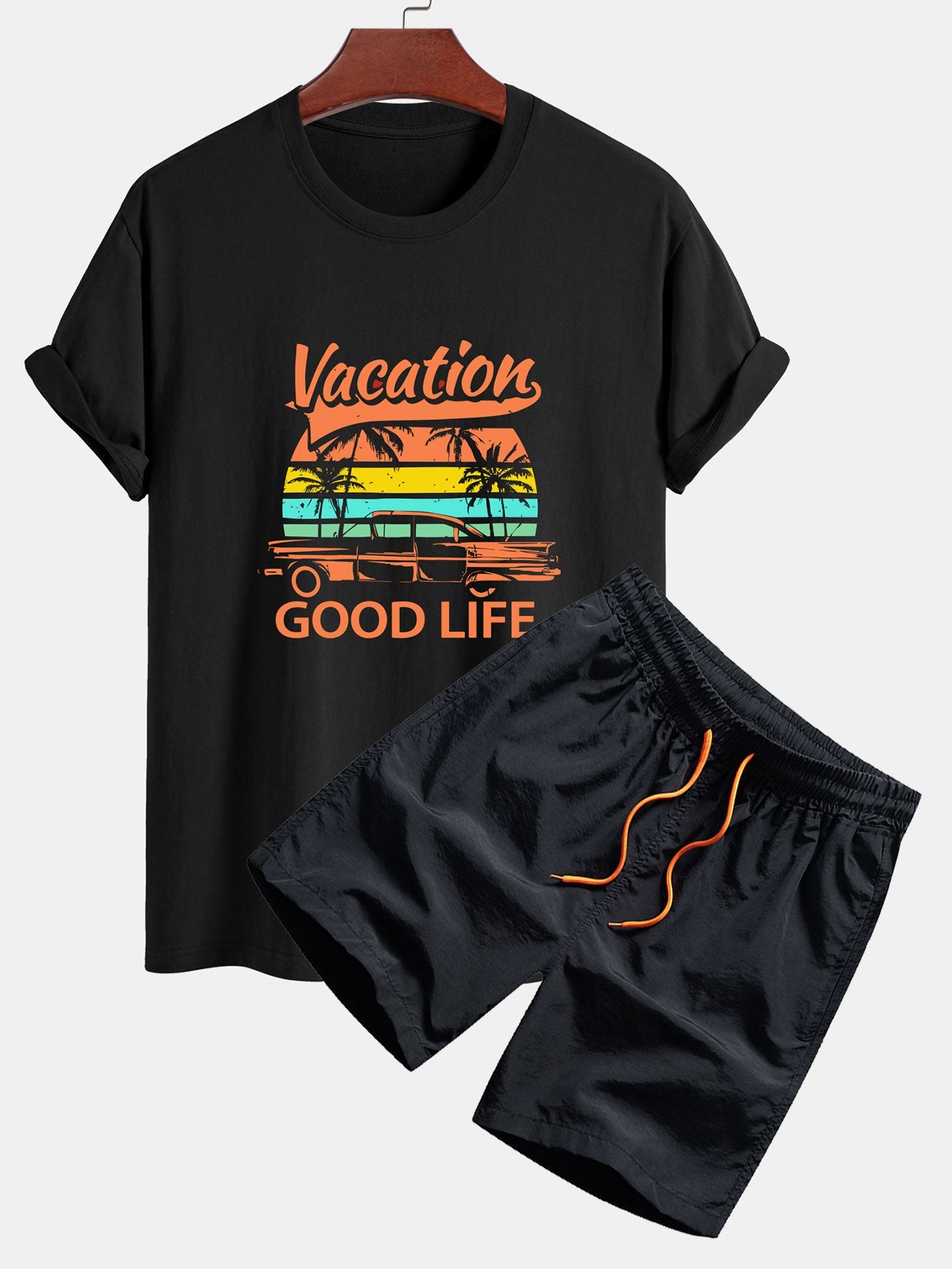 Regular Fit Cotton T-Shirt with 'Good Life On Vacation' Print & Men's Mid-Length Drawstring Swim Shorts