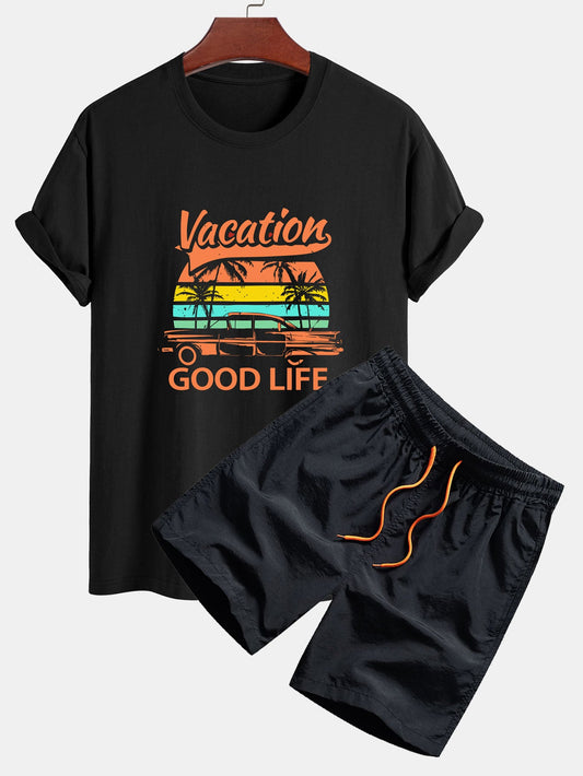 Regular Fit Cotton T-Shirt with 'Good Life On Vacation' Print & Men's Mid-Length Drawstring Swim Shorts
