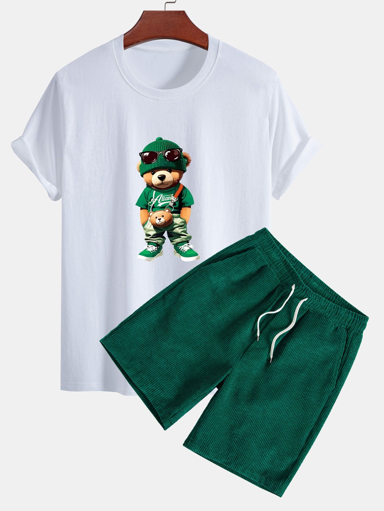 Trendy Bear Print Cotton T-Shirt with Regular Fit & Drawstring Corduroy Shorts