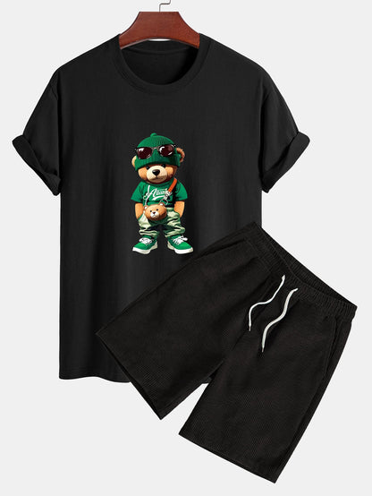 Trendy Bear Print Cotton T-Shirt with Regular Fit & Drawstring Corduroy Shorts