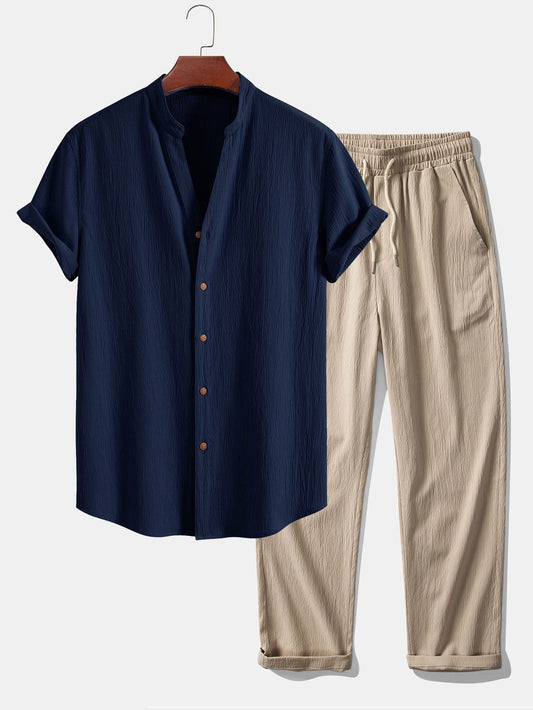 Textured V-Neck Shirt & Straight Leg Pants with Wrinkle Finish
