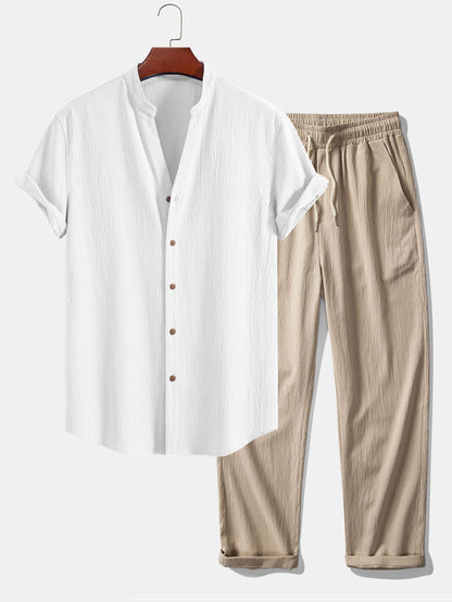 Textured V-Neck Shirt & Straight Leg Pants with Wrinkle Finish