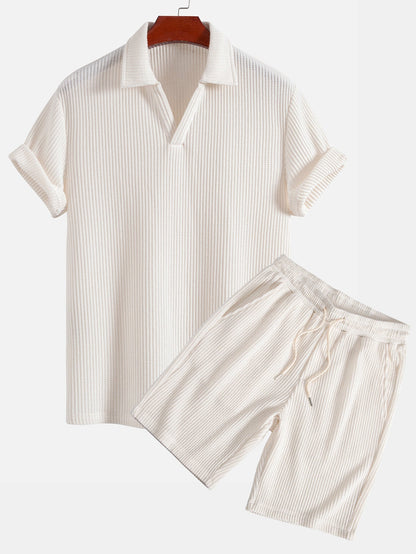Short Sleeve Waffle V-Neck Polo with Matching Drawstring Knitted Waffle Shorts
