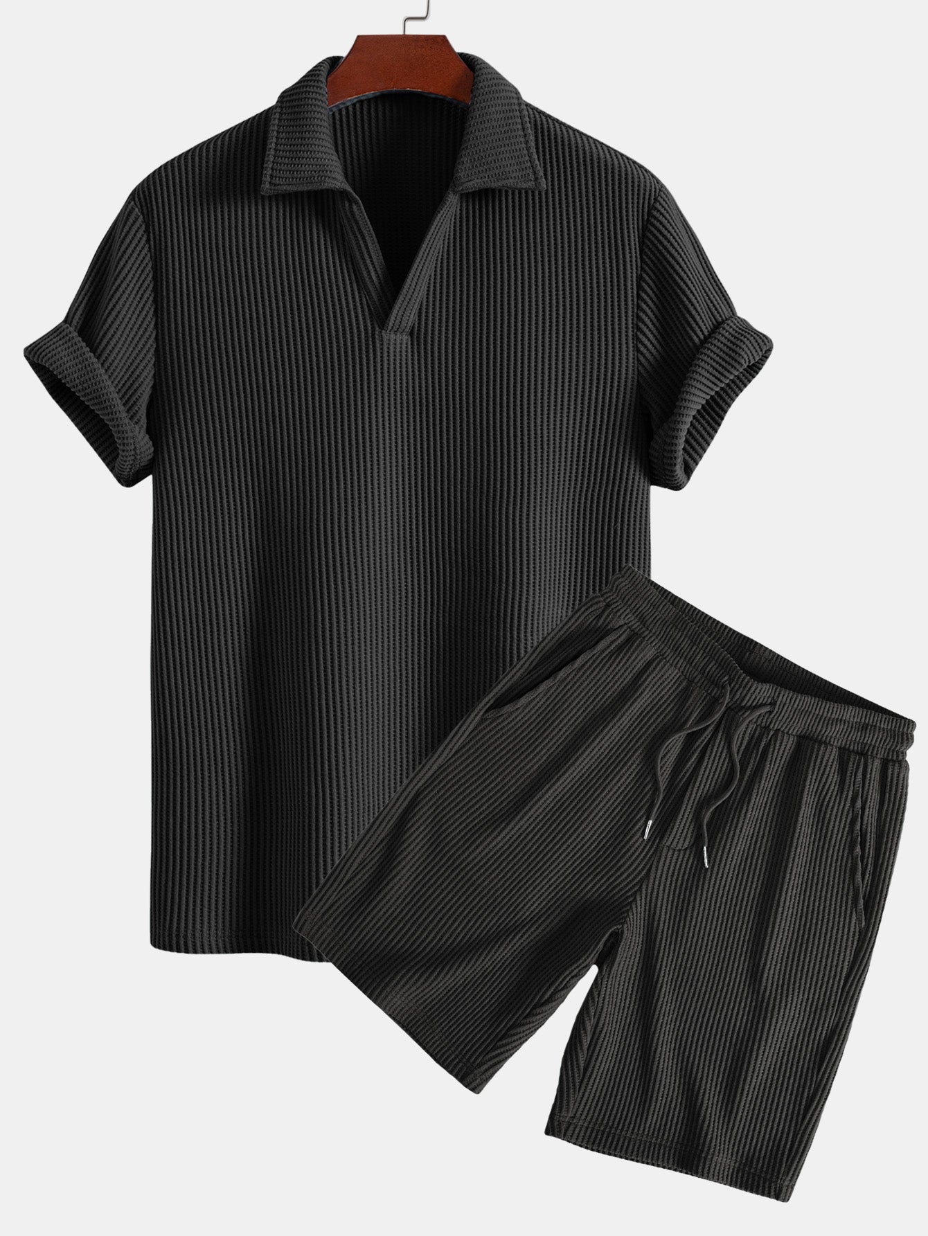 Short Sleeve Waffle V-Neck Polo with Matching Drawstring Knitted Waffle Shorts