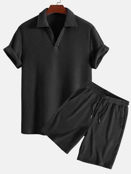 Short Sleeve Waffle V-Neck Polo with Matching Drawstring Knitted Waffle Shorts
