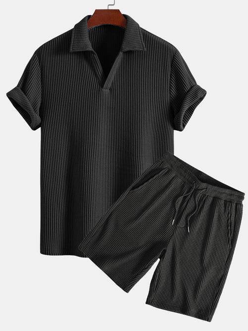 Short Sleeve Waffle V-Neck Polo with Matching Drawstring Knitted Waffle Shorts
