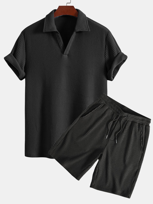 Short Sleeve Waffle V-Neck Polo with Matching Drawstring Knitted Waffle Shorts