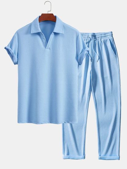 V-Neck Ribbed Polo with Short Sleeves & Straight Leg Ribbed Trousers