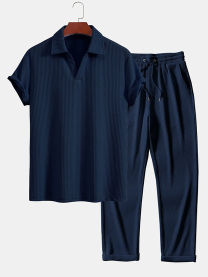V-Neck Ribbed Polo with Short Sleeves & Straight Leg Ribbed Trousers
