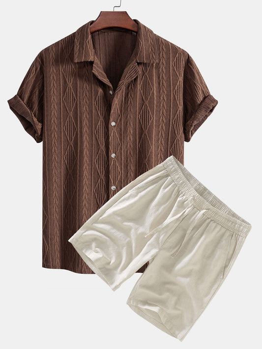 Geometric Jacquard Cuban Collar Shirt with Linen Drawstring Shorts