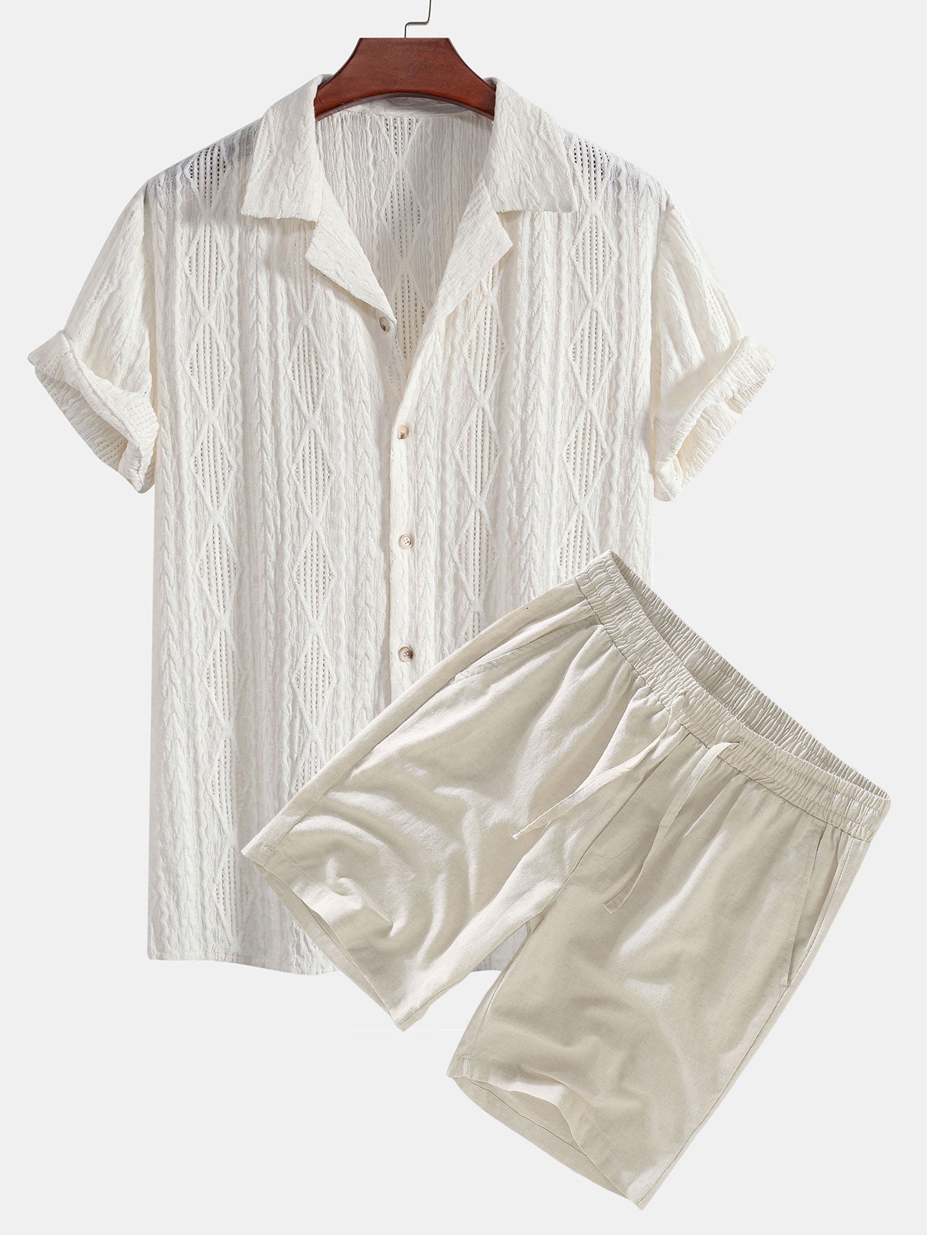 Geometric Jacquard Cuban Collar Shirt with Linen Drawstring Shorts