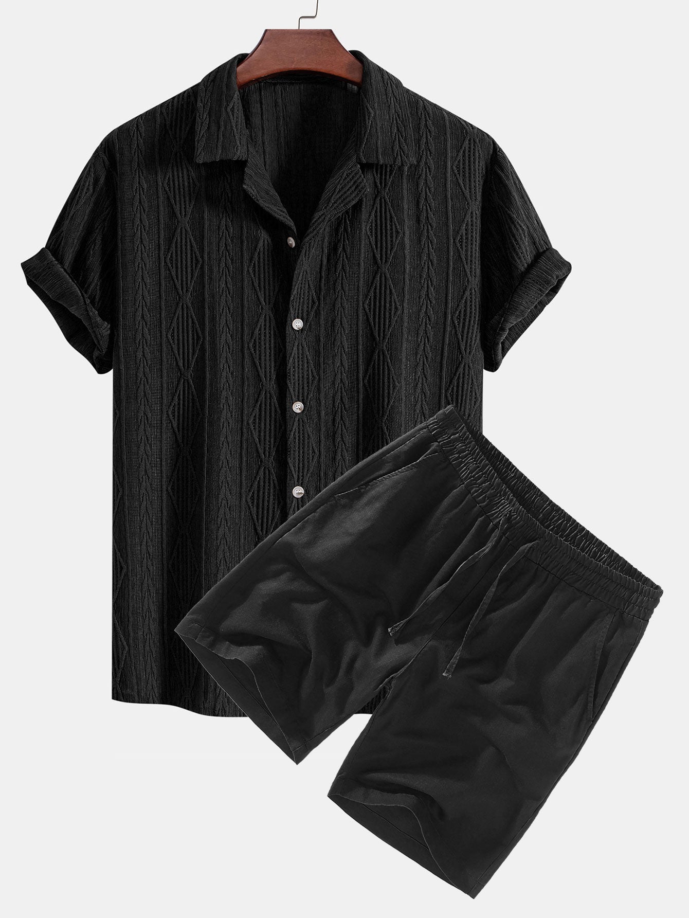 Geometric Jacquard Cuban Collar Shirt with Linen Drawstring Shorts
