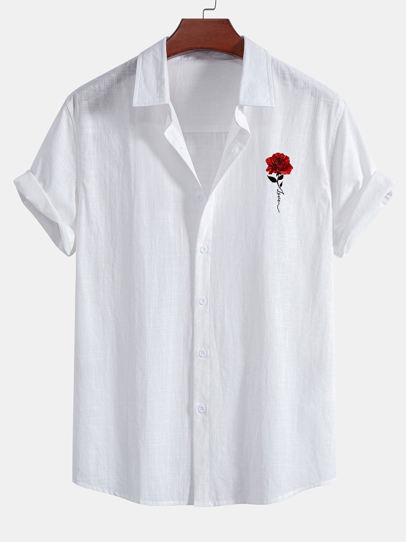 Red Rose Print Cotton Button-Up Shirt with Linen Look & Matching Swim Shorts