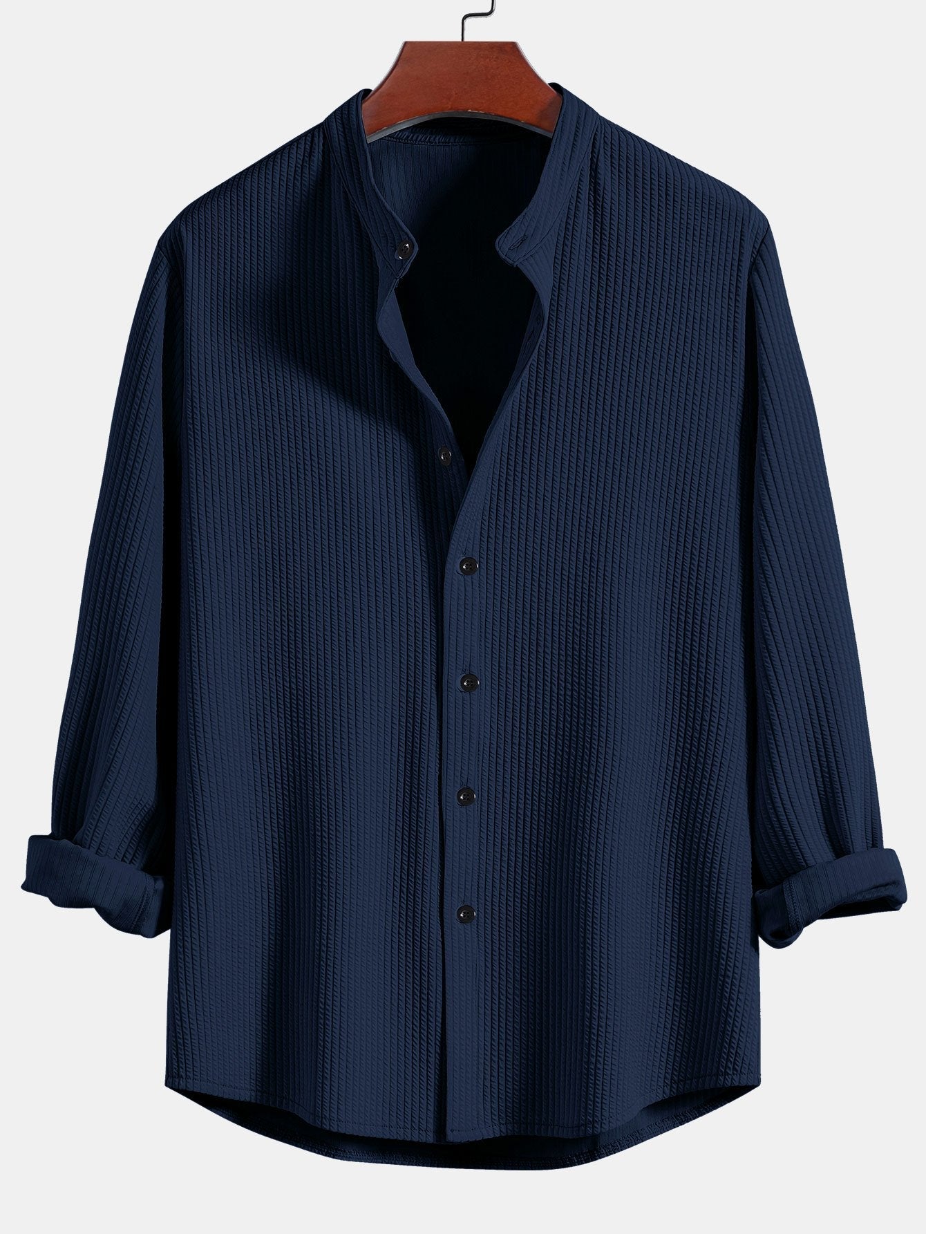 Ribbed Stand Collar Shirt with Long Sleeve and Muscle Fit
