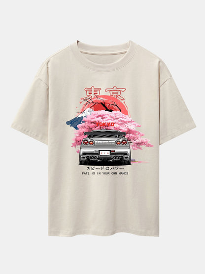 Oversized Drop Shoulder T-Shirt with Tokyo Cherry Blossoms Car Print