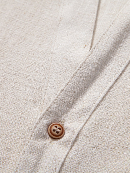 V-Neck Linen-Rayon Blend Top with Straight-Leg Linen Trousers