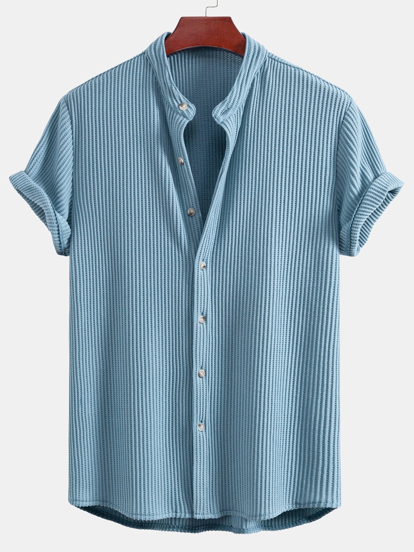 Waffle Textured Stand Collar Shirt & Drawstring Waffle Shorts Set