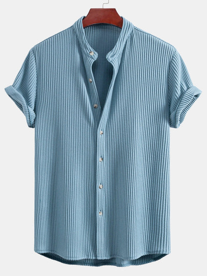 Waffle Textured Stand Collar Shirt & Drawstring Waffle Shorts Set