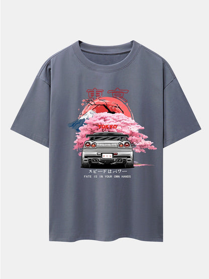 Oversized Drop Shoulder T-Shirt with Tokyo Cherry Blossoms Car Print