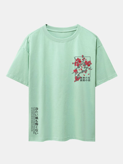 Oversized Drop Shoulder T-Shirt with Cherry Blossom Slogan Print