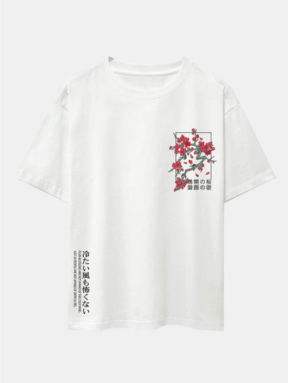 Oversized Drop Shoulder T-Shirt with Cherry Blossom Slogan Print