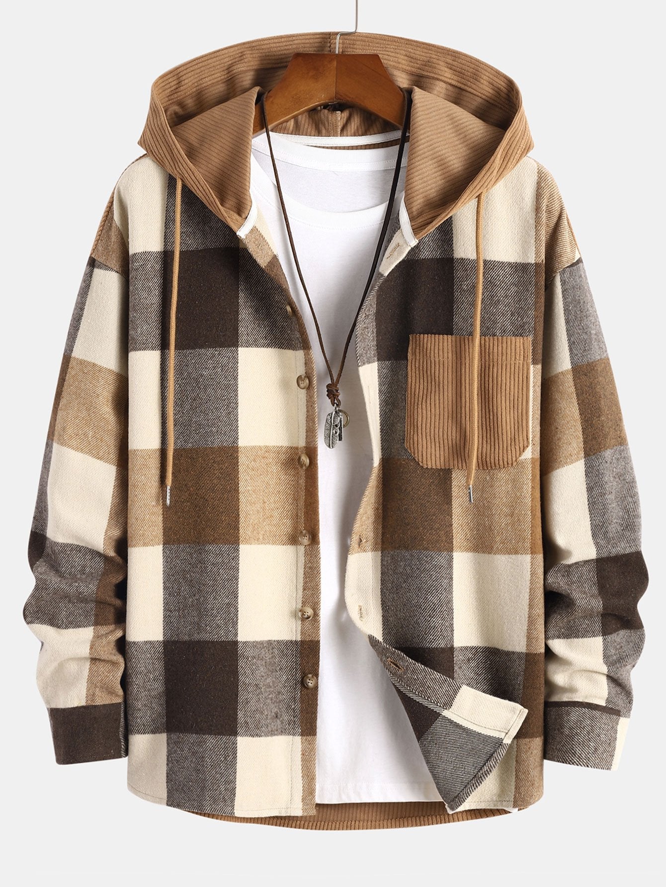 Comfortable Flannel Plaid Hooded Shirt with Corduroy Patchwork