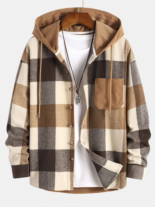 Comfortable Flannel Plaid Hooded Shirt with Corduroy Patchwork