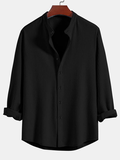 Ribbed Stand Collar Shirt with Long Sleeve and Muscle Fit