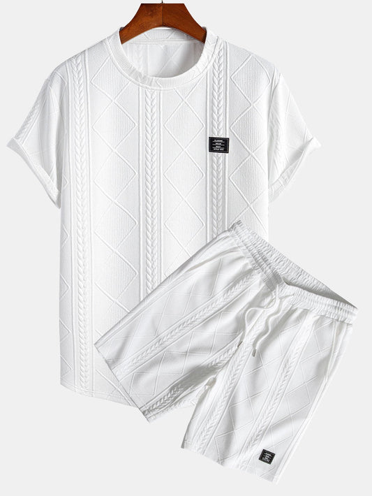 Geometric Jacquard Short Sleeve T-Shirt with Arc Hem & Matching Shorts